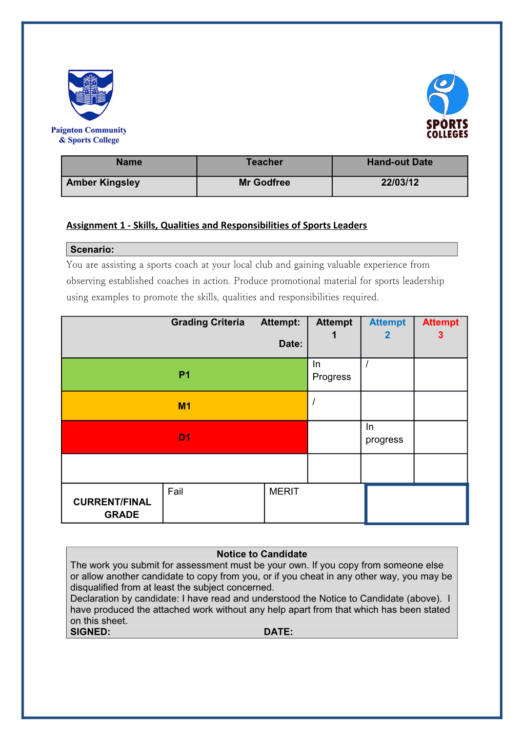 Assignment 1 - Skills, Qualities and Responsibilities of Sports Leaders