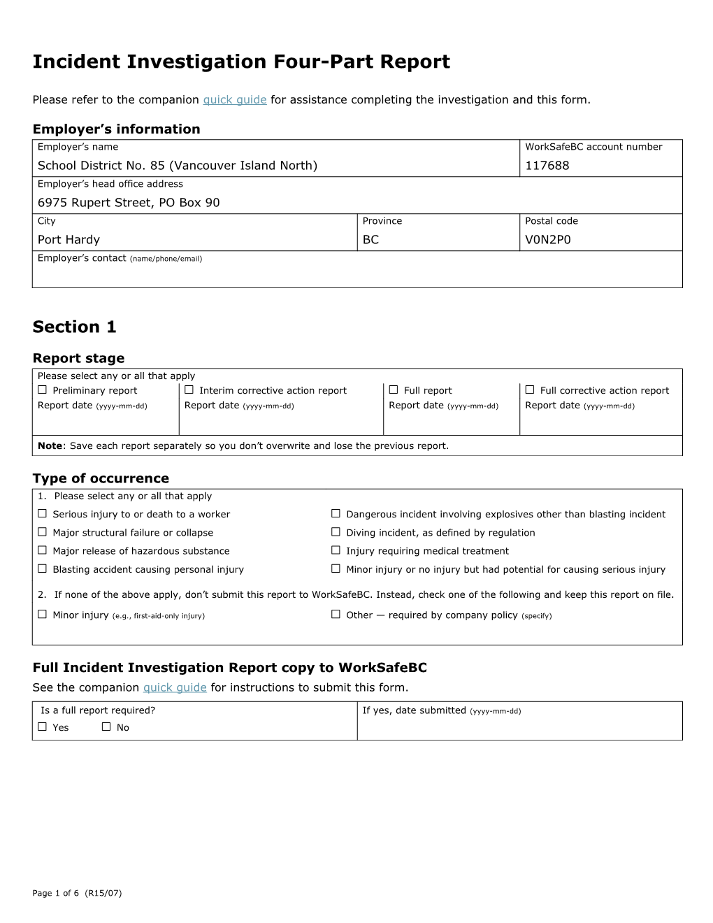 Full Incident Investigation Report Copy to Worksafebc