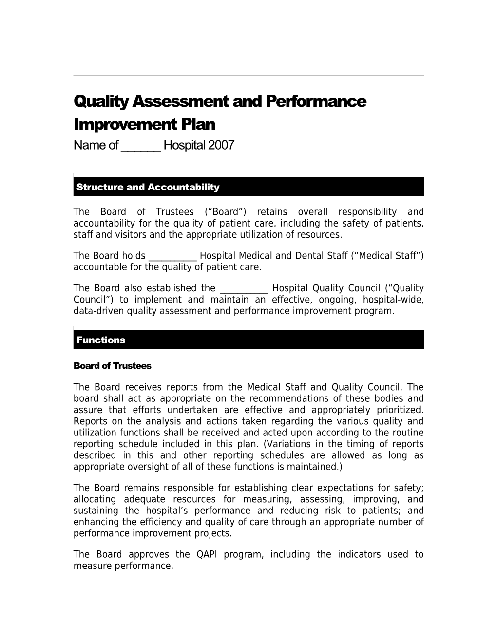 Revised Plan for Quality Assessment and Performance Improvement