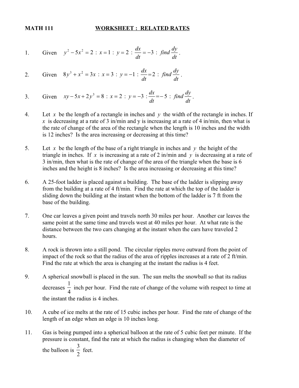 Math 111Worksheet : Related Rates