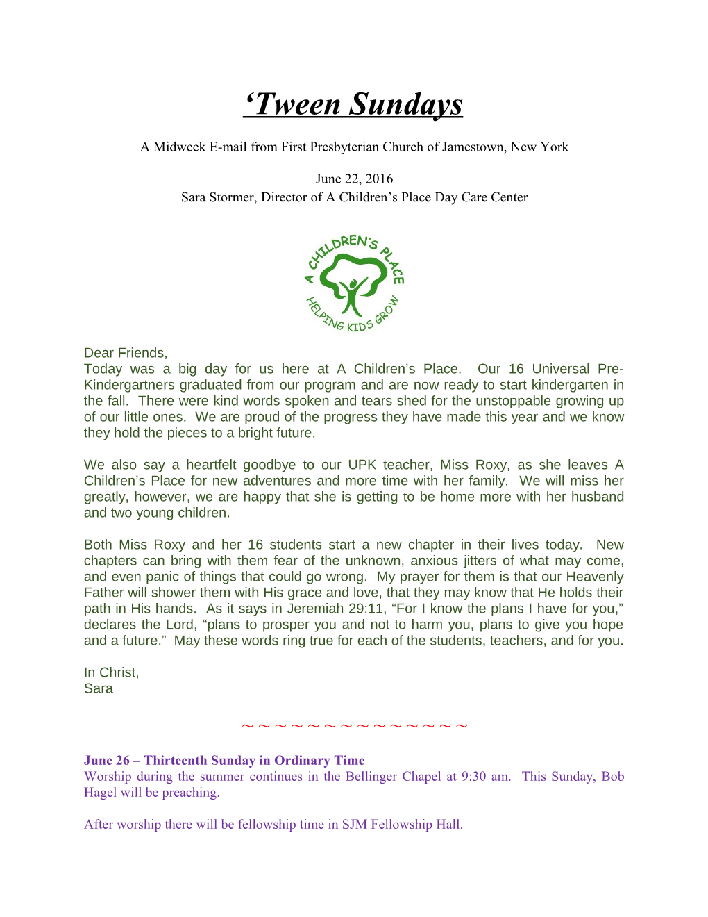 A Midweek E-Mail from First Presbyterian Church of Jamestown, New York