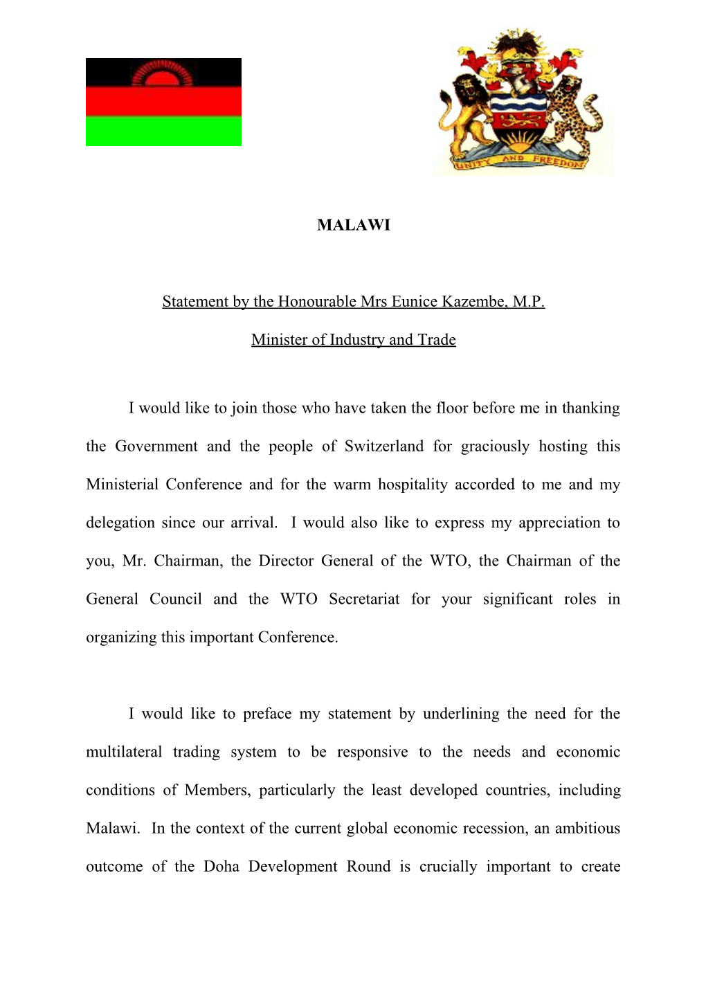 Statement by the Honourable Mrs Eunice Kazembe, M.P