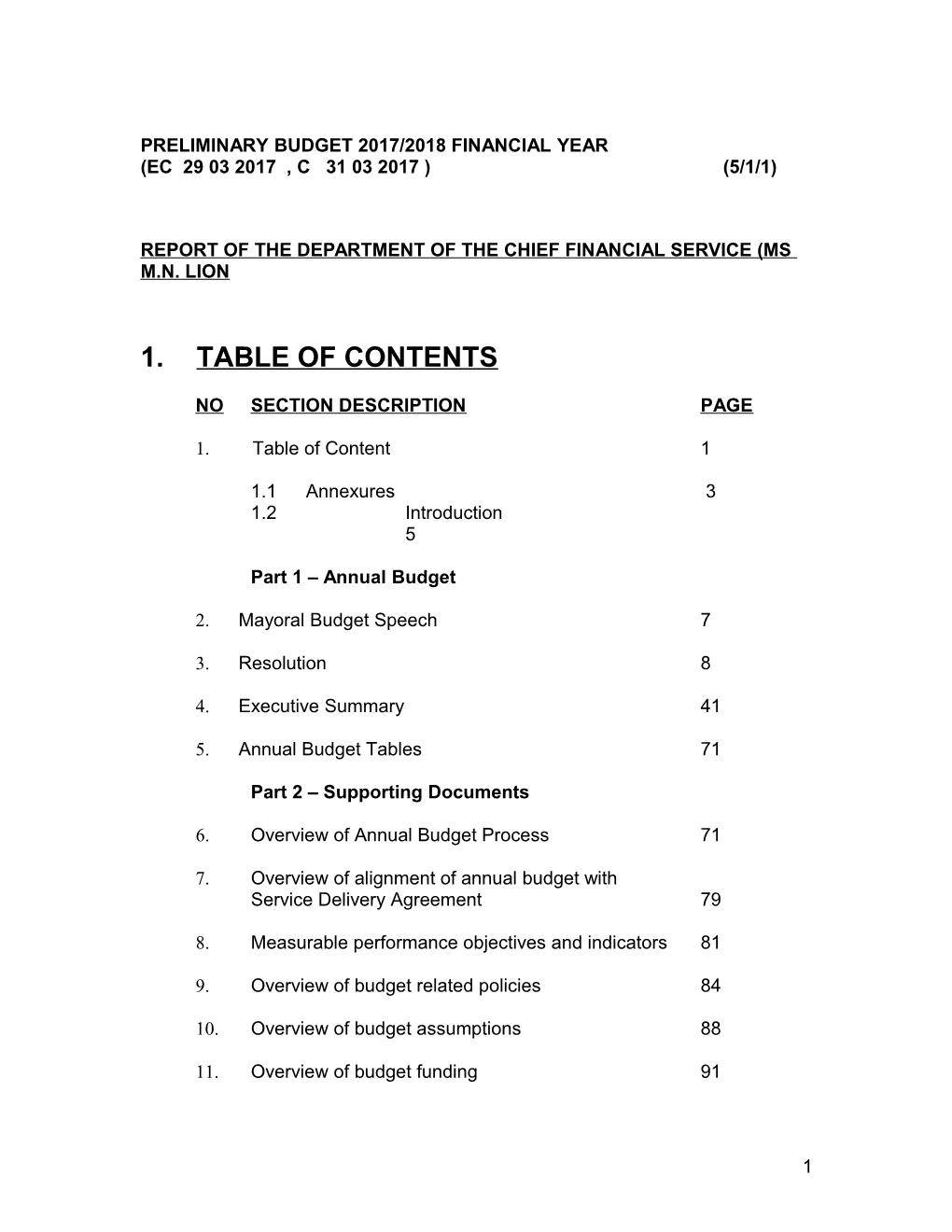 Preliminary Budget 2017/2018 Financial Year