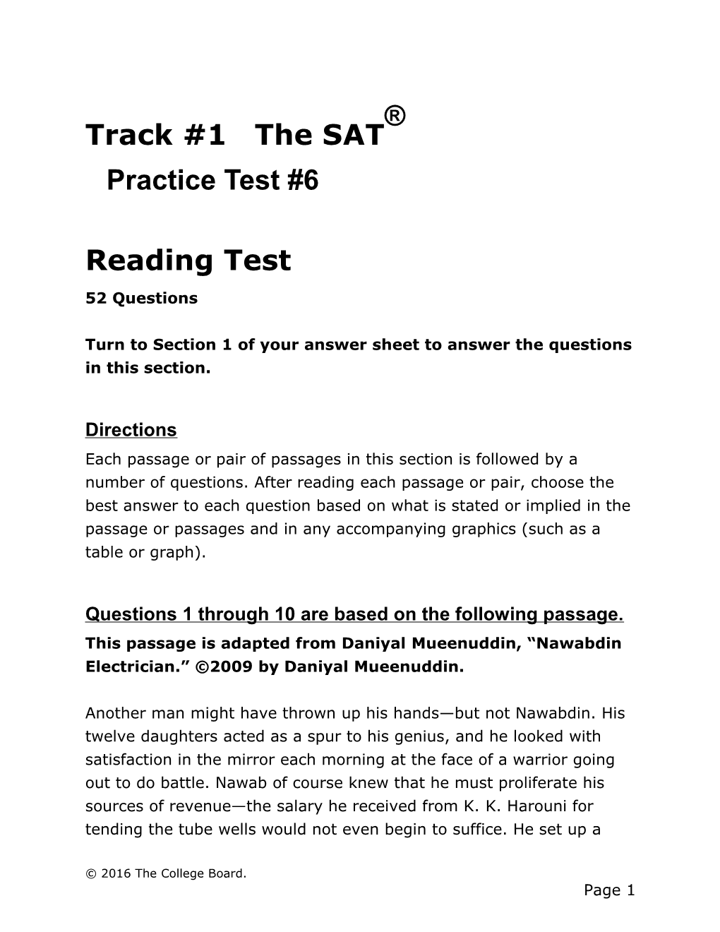 SAT Practice Test 6 for Assistive Technology Reading Test SAT Suite of Assessments The