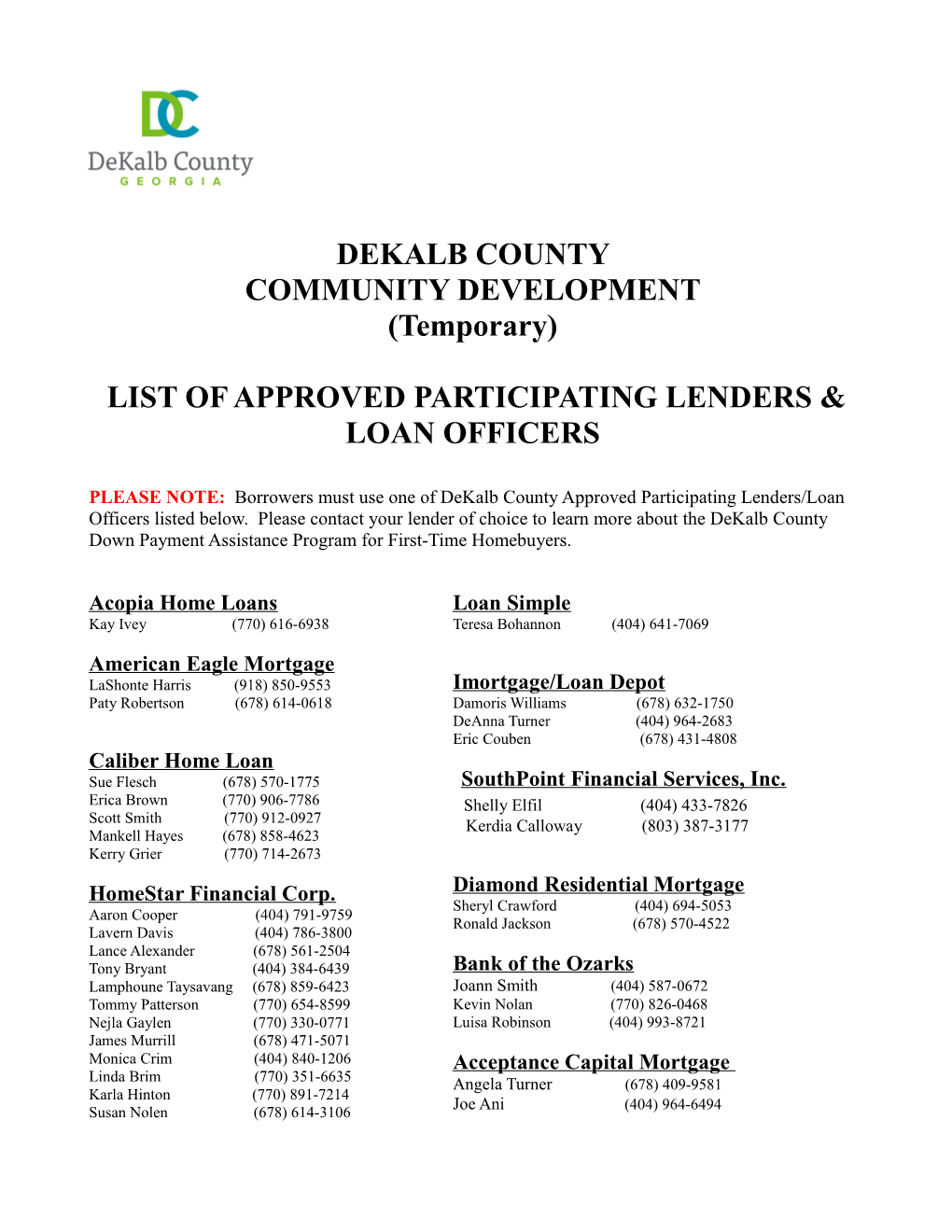 List of Approved Participating Lenders & Loan Officers