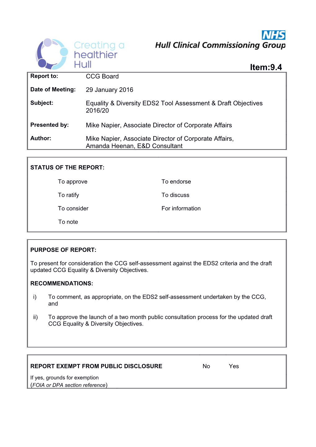 Equality & Diversity EDS2 Tool Assessment & Draft Objectives 2016/20