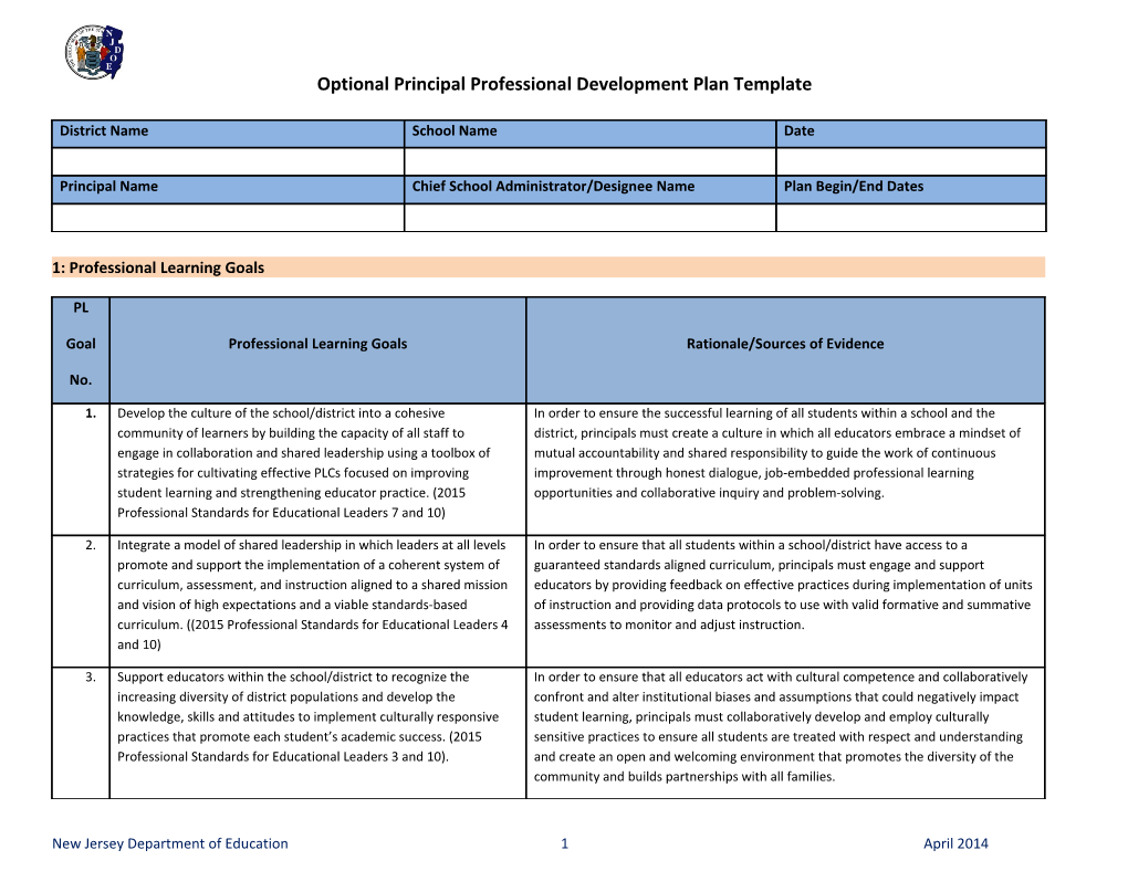 Optional Principal Professional Development Plan Template