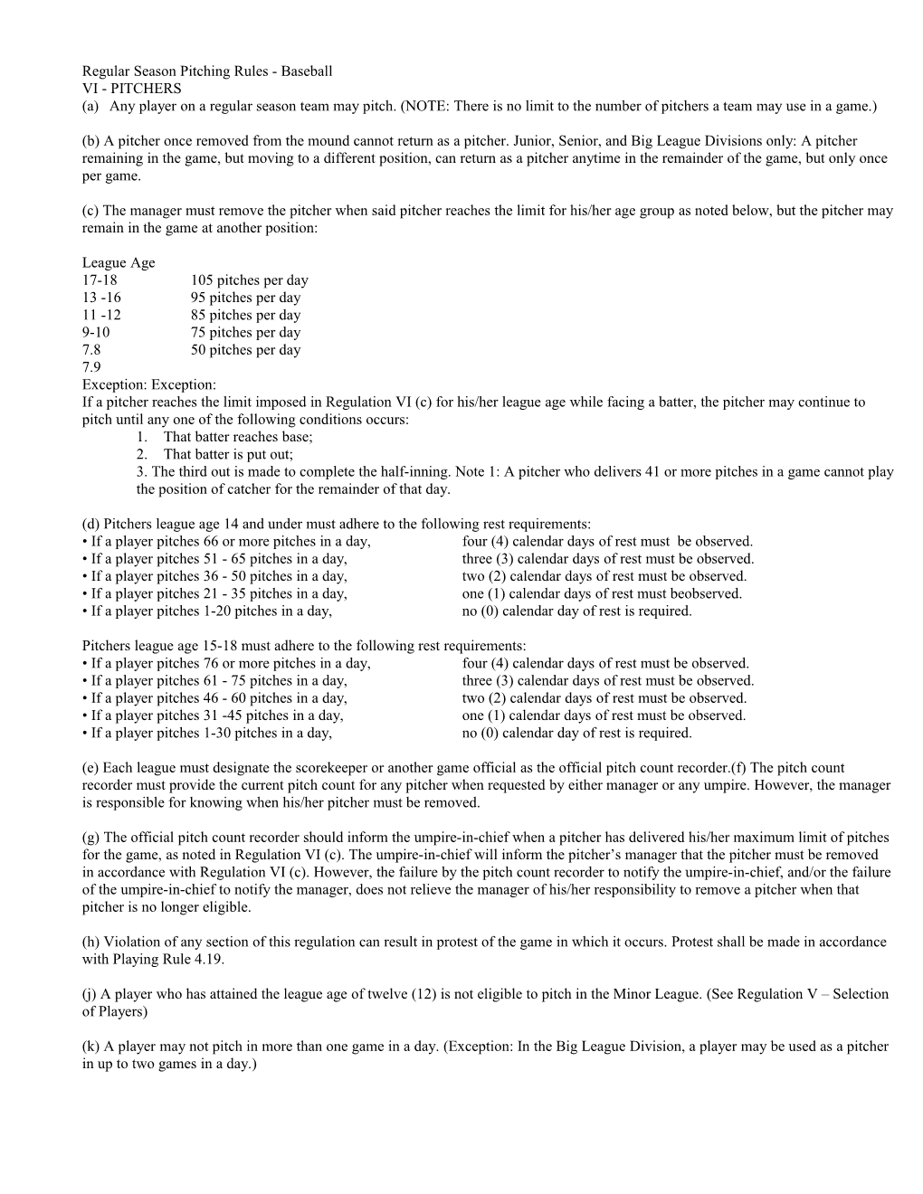 Regular Season Pitching Rules - Baseball