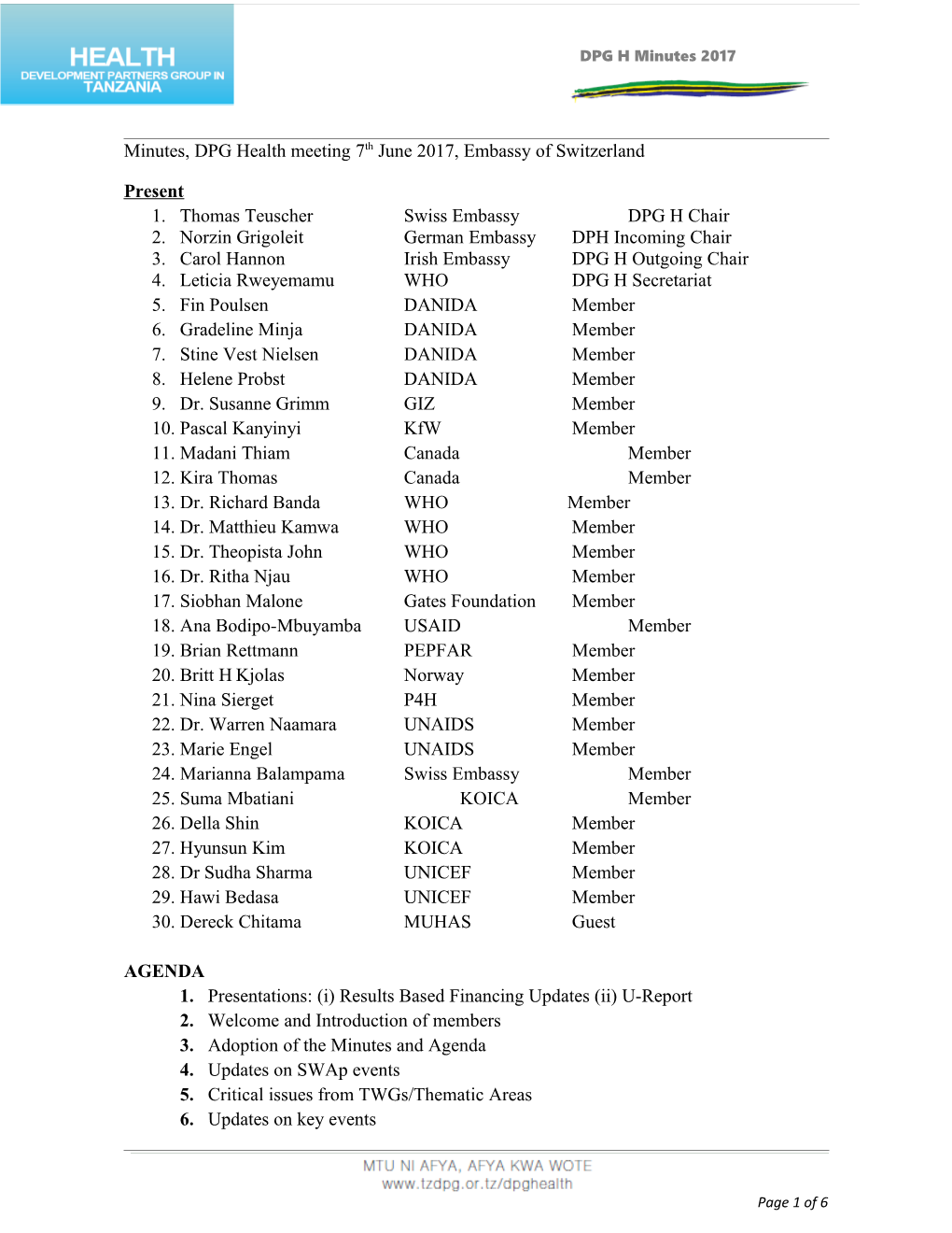 Minutes, DPG Health Meeting 7Th June 2017, Embassy of Switzerland