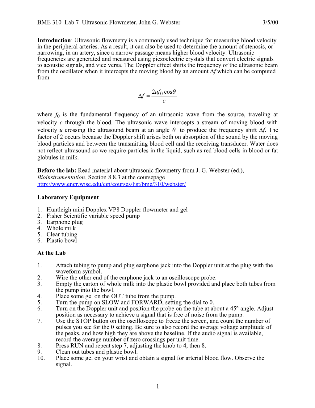 BME 310 Lab 7 Ultrasonic Flowmeter, John G. Webster3/5/00