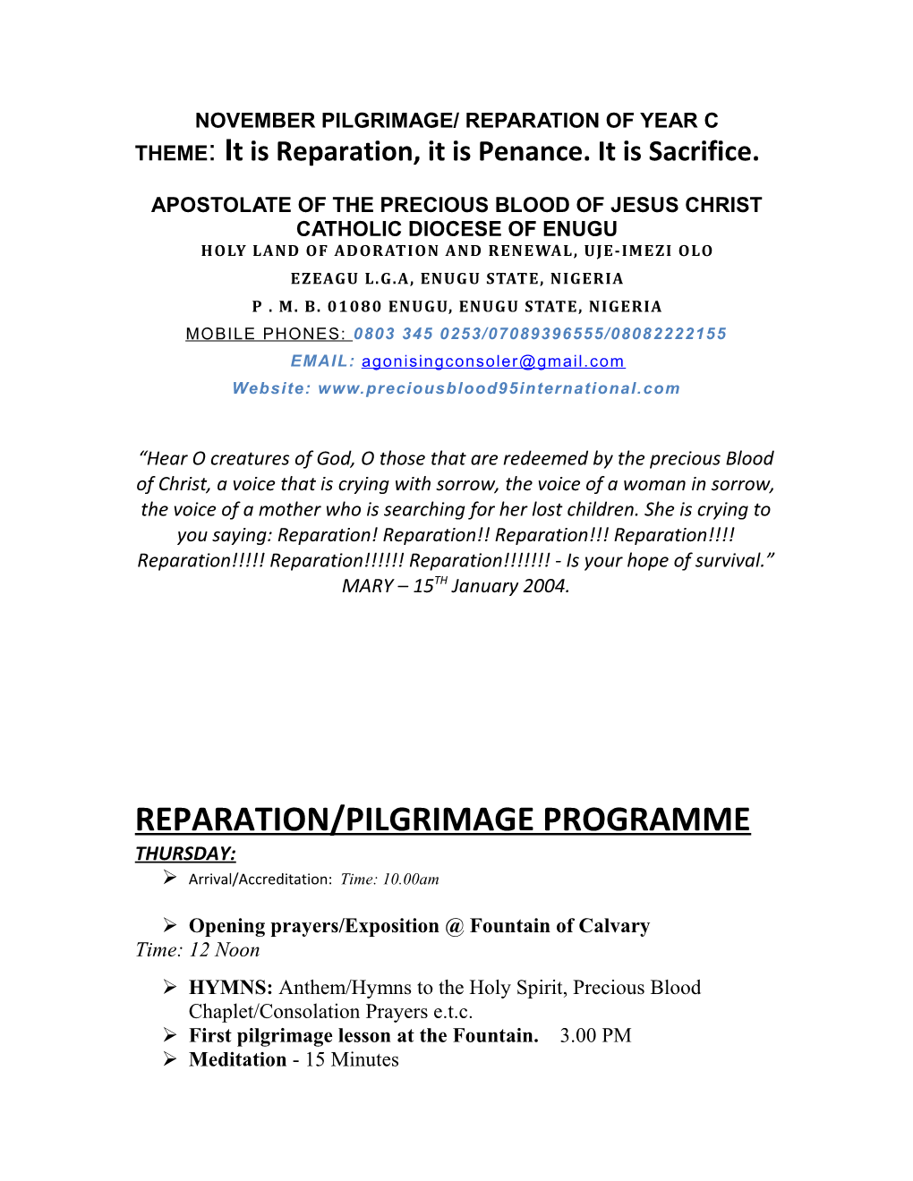 Reparation/Pilgrimage Programme