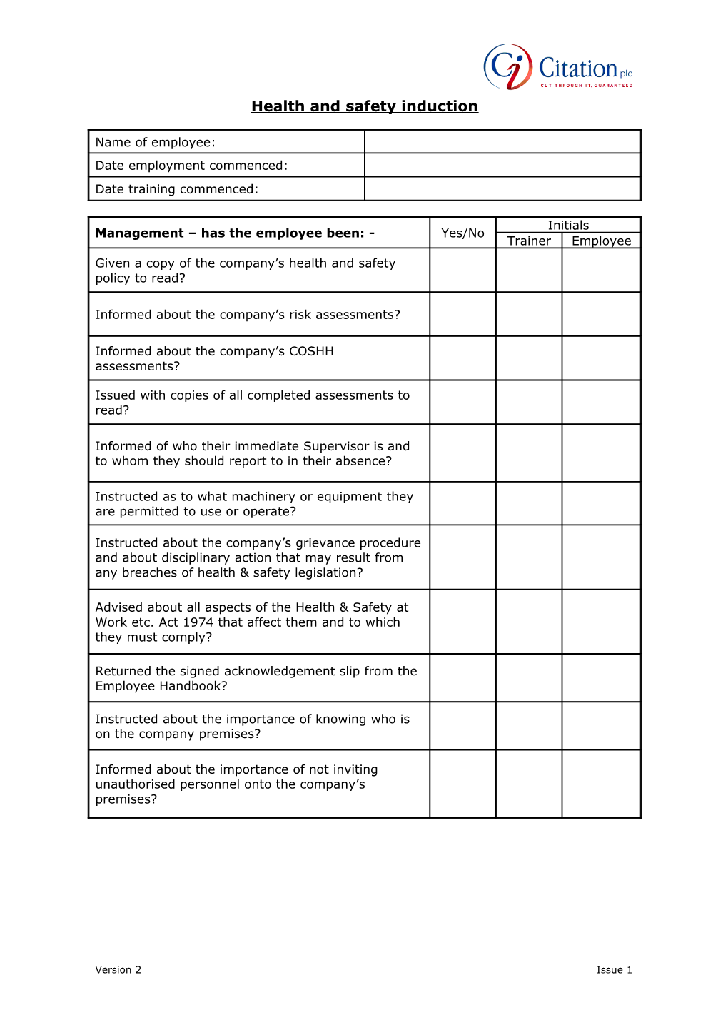Health and Safety Induction Check Sheet