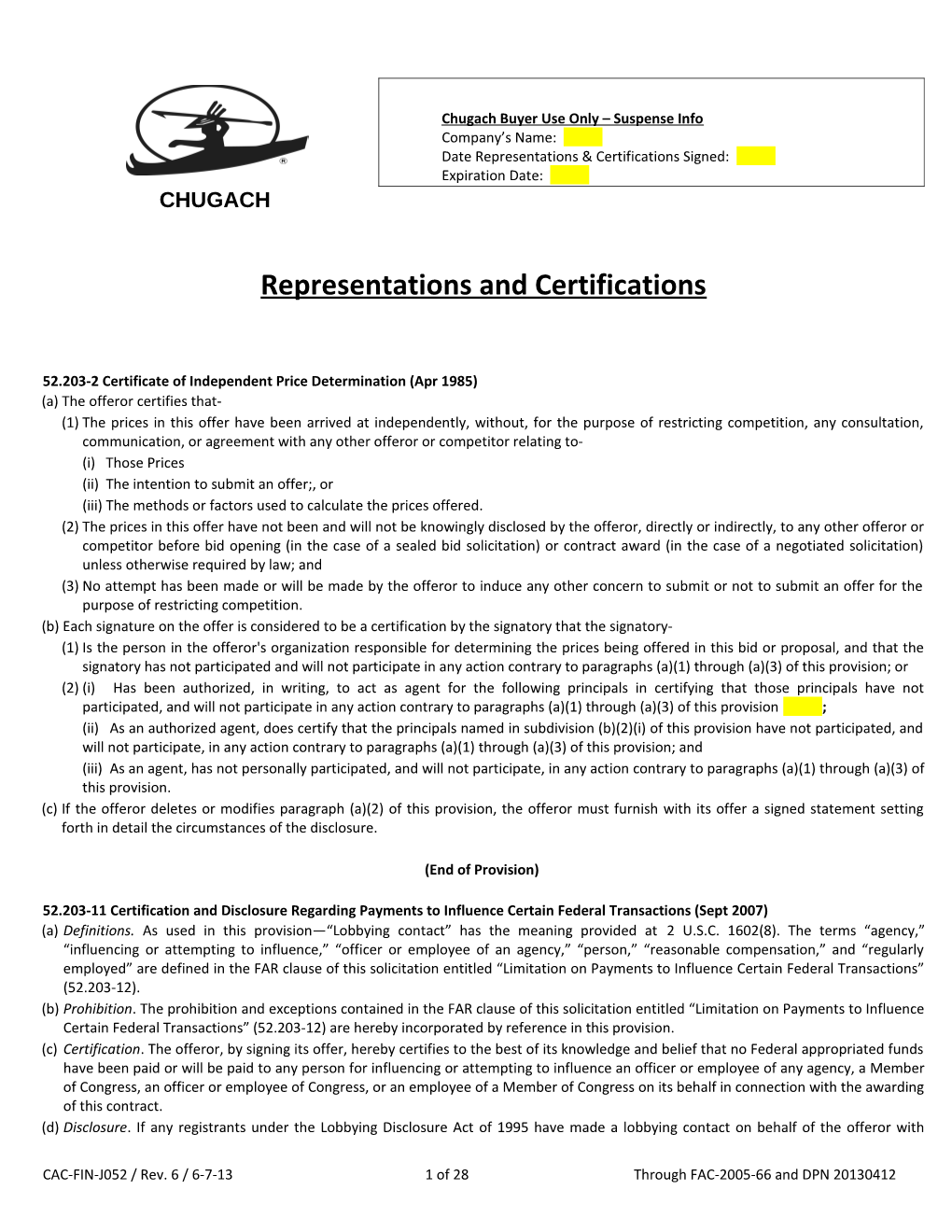 Date Representations & Certifications Signed