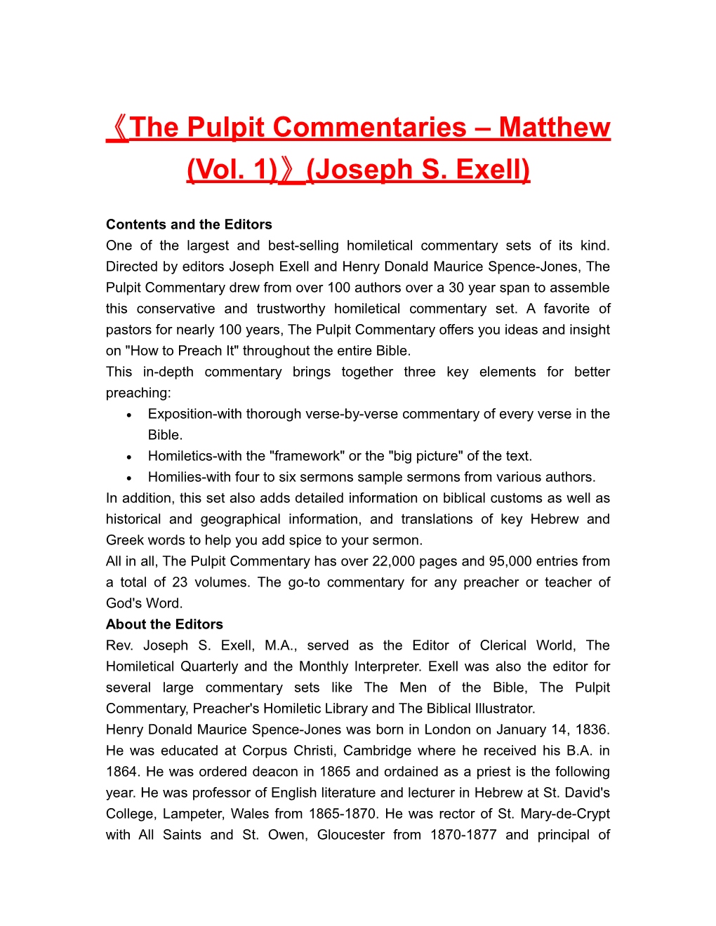 The Pulpit Commentaries Matthew (Vol. 1) (Joseph S. Exell)