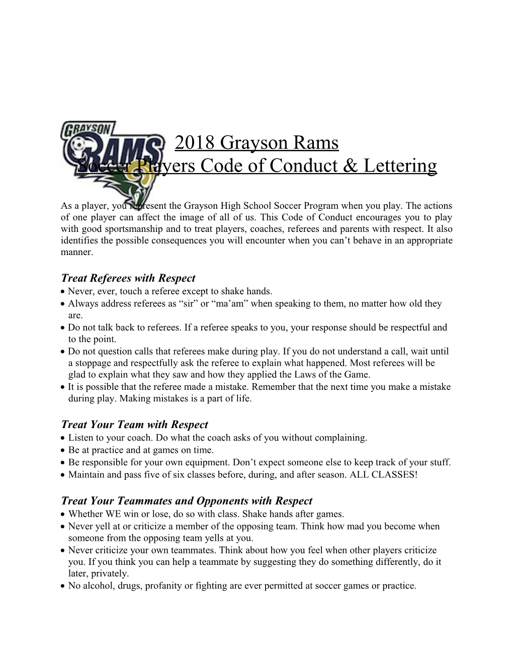 Soccer Players Code of Conduct & Lettering