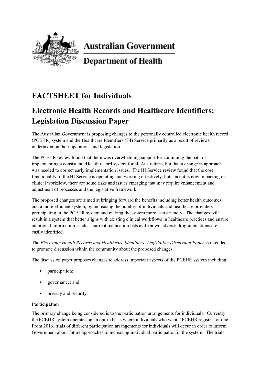 Electronic Health Records and Healthcare Identifiers: Legislation Discussion Paper