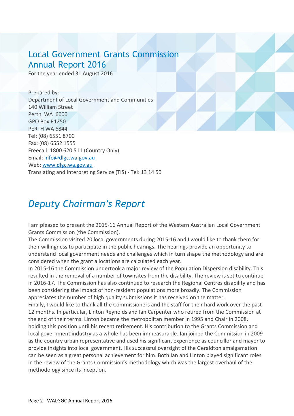 WA Local Government Grants Commission Annual Report 2016