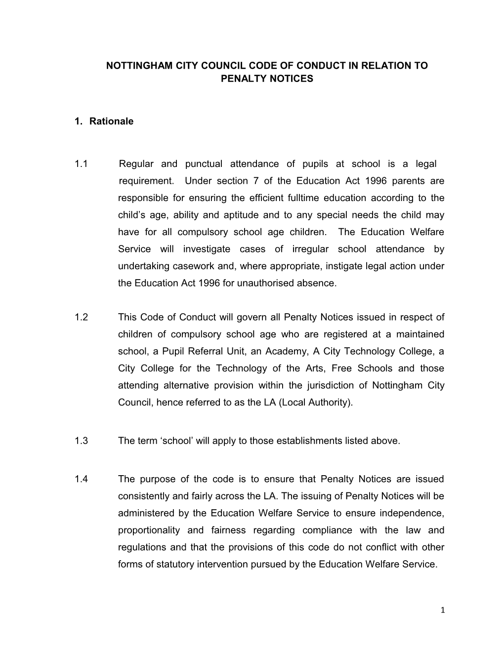 Nottingham City Council Code of Conduct in Relation to Penalty Notices