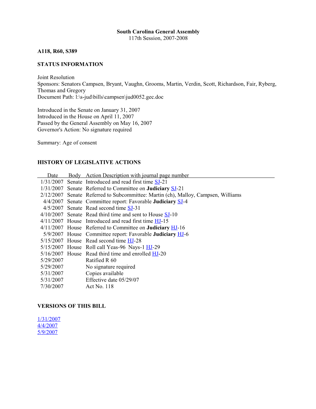 2007-2008 Bill 389: Age of Consent - South Carolina Legislature Online