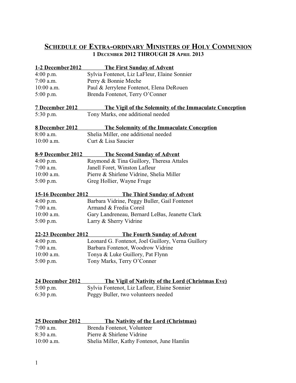 Schedule of Extra-Ordinary Ministers of Holy Communion