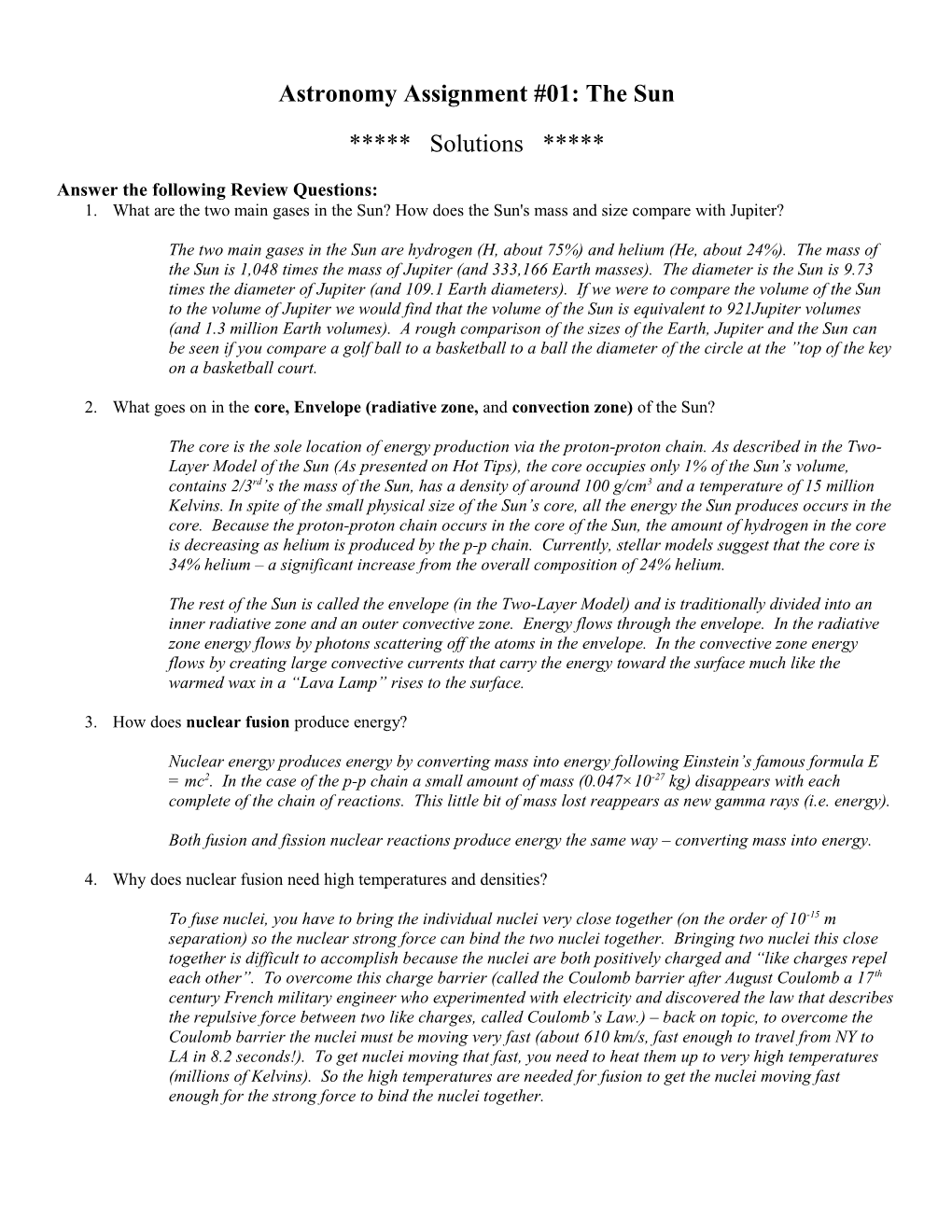 Astronomy Assignment #01: the Sun