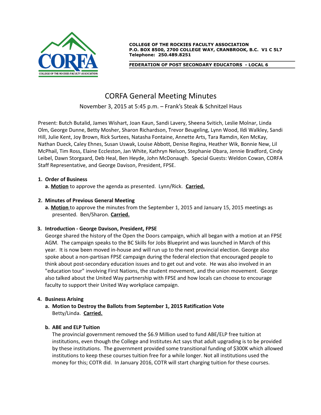 CORFA Generalmeeting Minutes November 3, 2015Page 1