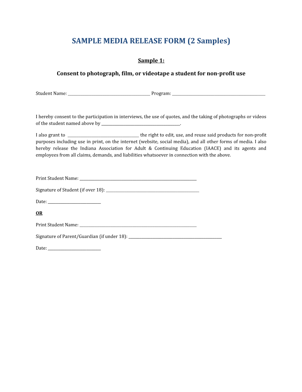 SAMPLE MEDIA RELEASE FORM (2 Samples)