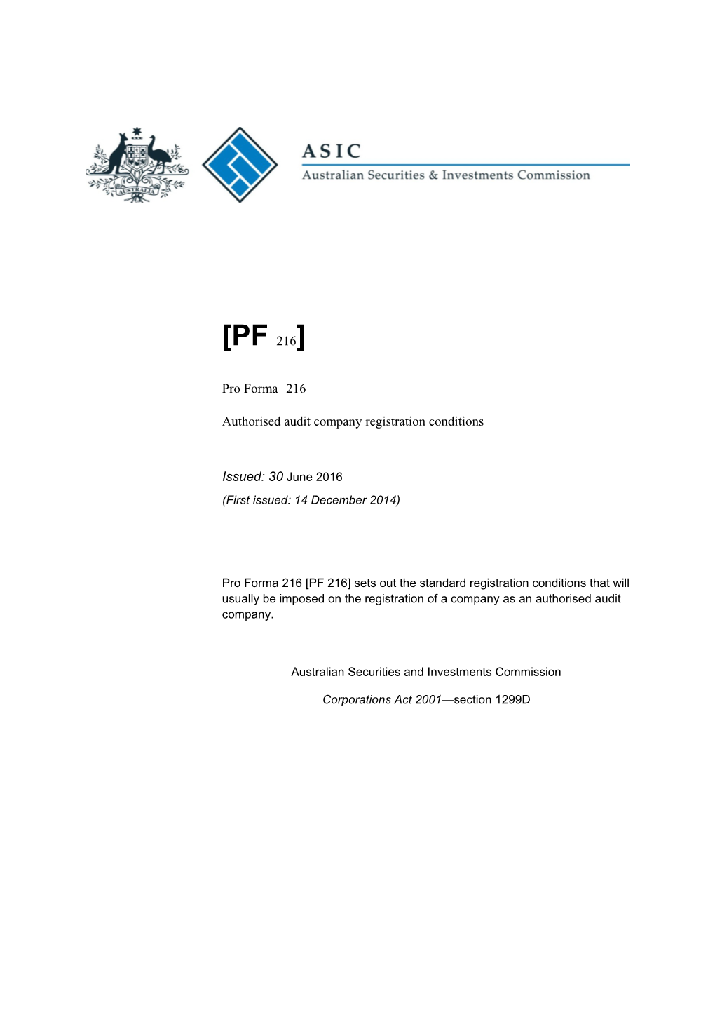 PRO FORMA PF 216 Authorised Audit Company Registration Conditions