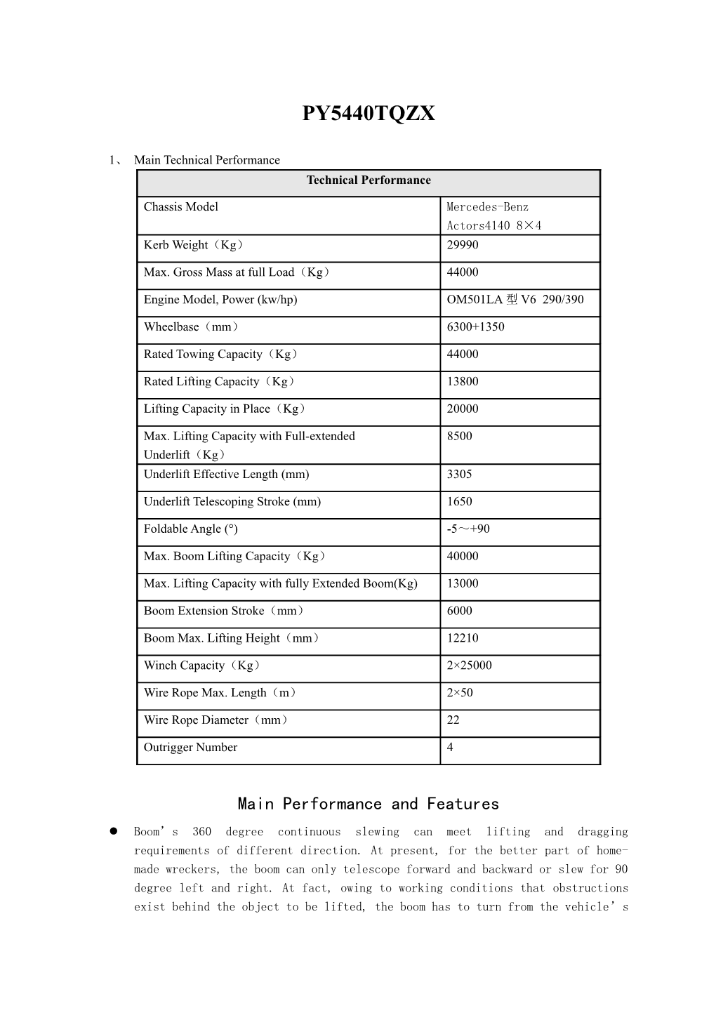 Main Performance and Features