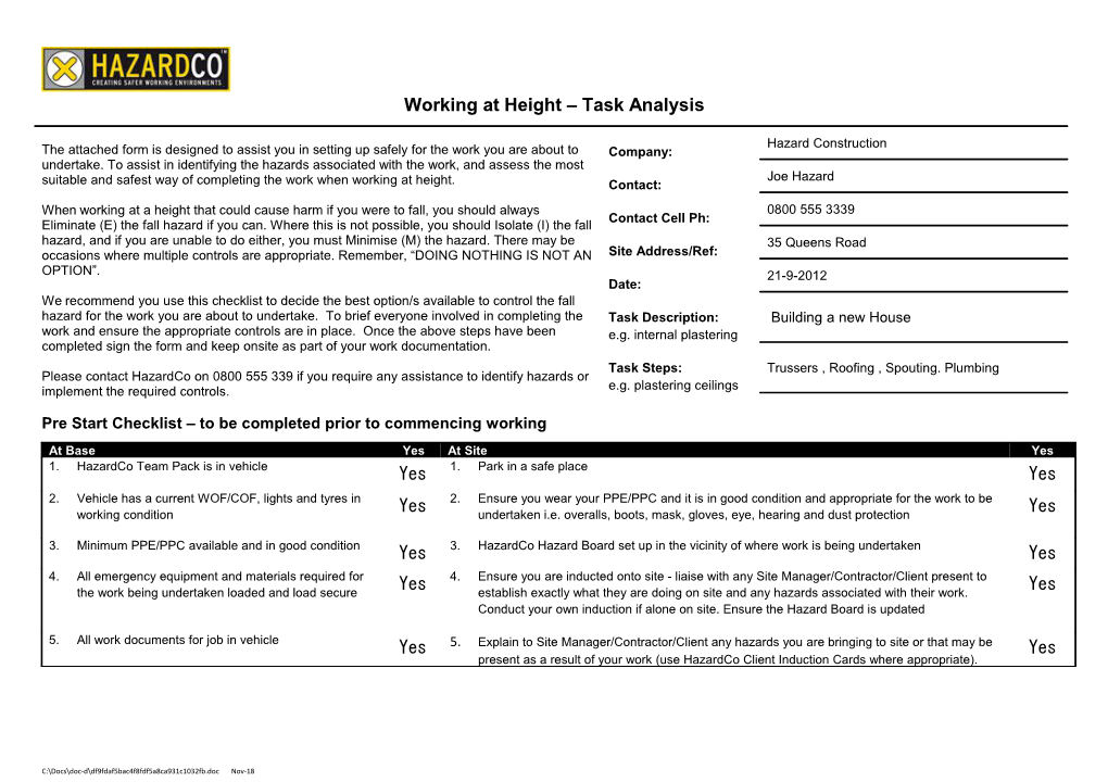 Working at Height Task Analysis