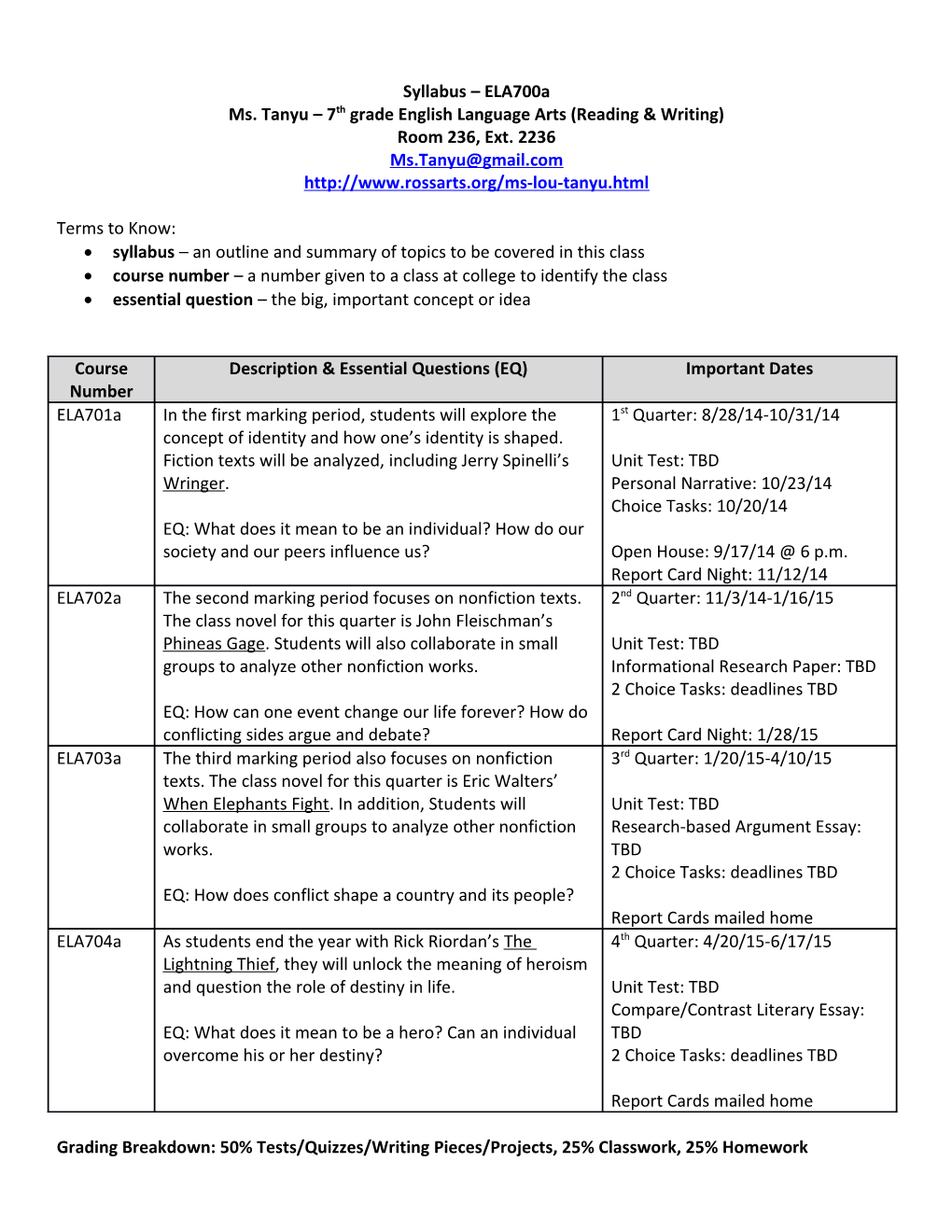 Ms. Tanyu 7Th Grade English Language Arts (Reading & Writing)