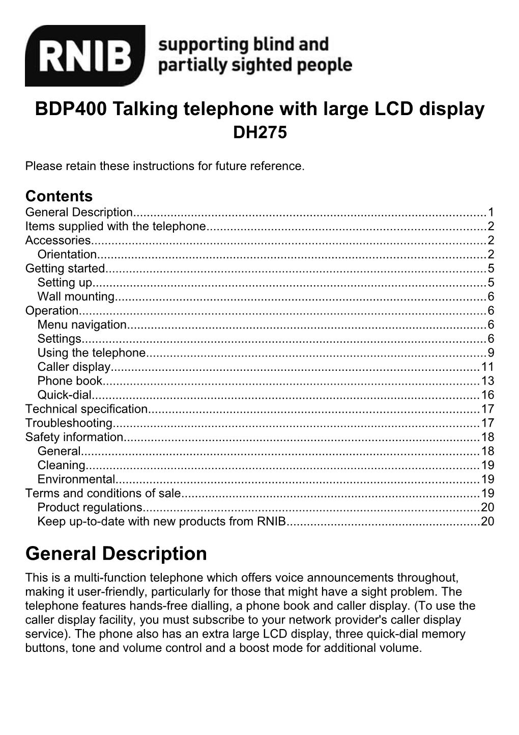 BDP400 Talking Telephone with Large LCD Display