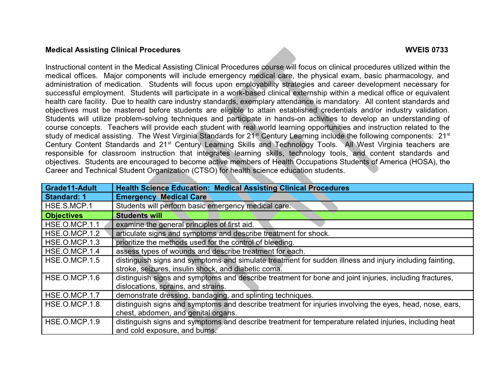 Medical Assisting Clinical Procedures Content Standards and Objectives