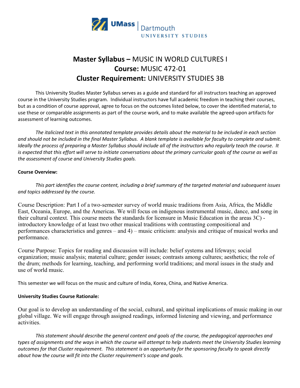 Master Syllabus MUSIC in WORLD CULTURES I