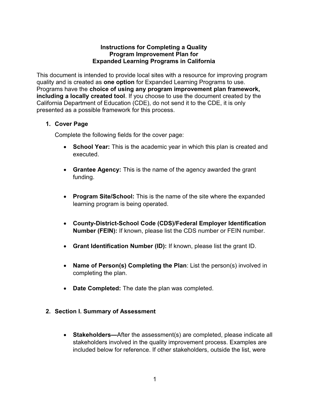 Expanded Learning - Quality Improvement Plan Instructions (CA Dept of Education)