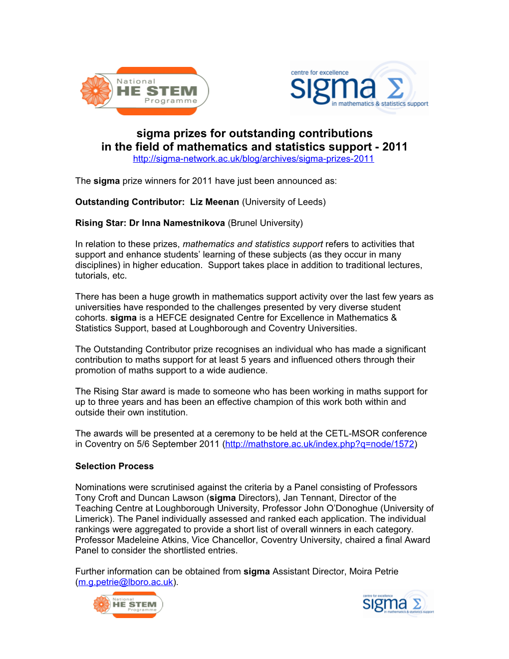 Sigma Prizes for Outstanding Contributions