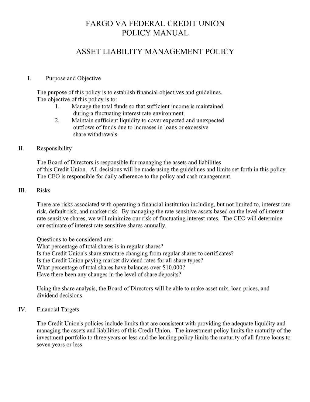 Asset Liability Management Policy