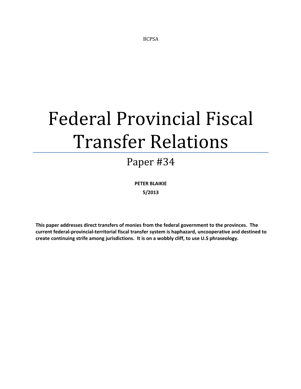 Federal Provincial Fiscal Transfer Relations