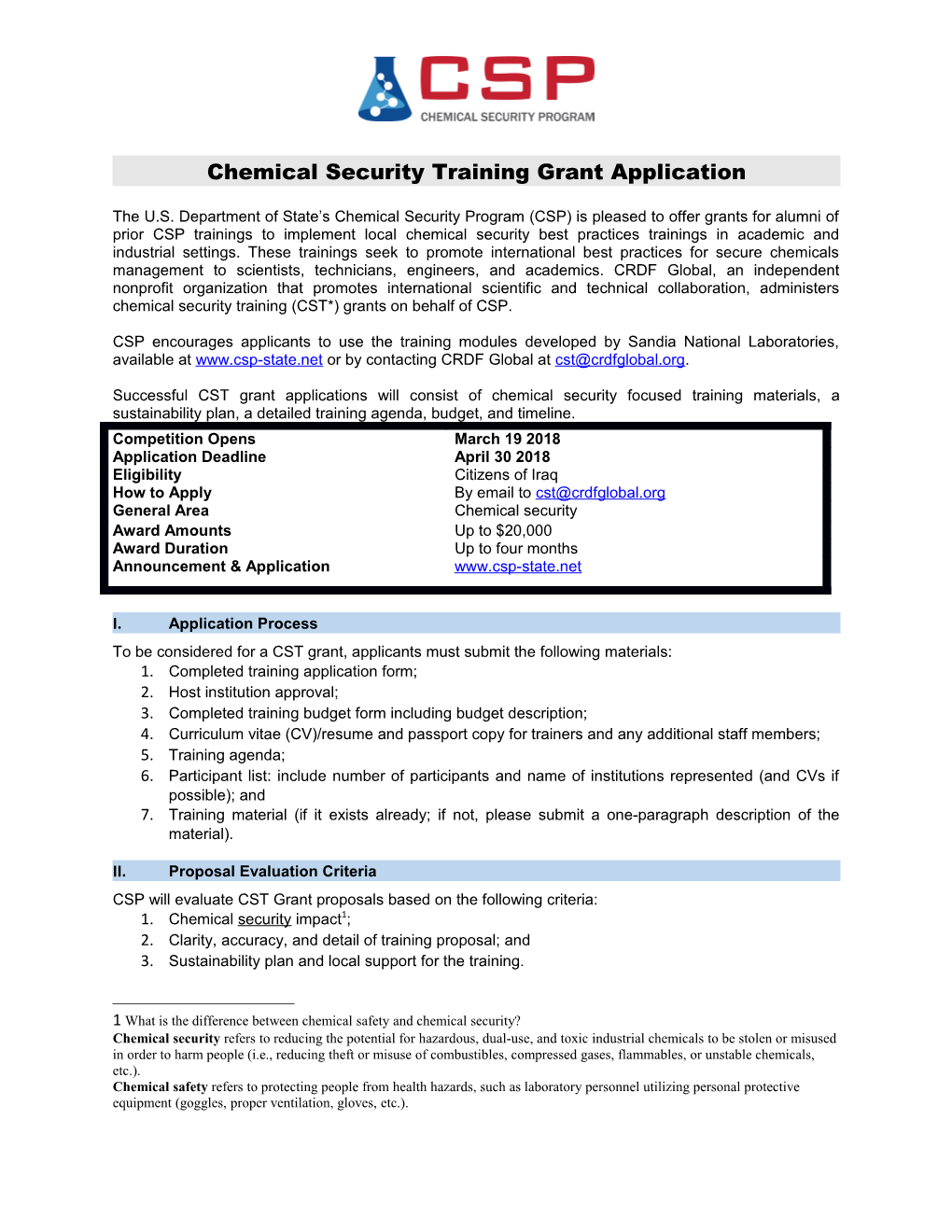 Chemical Security Training Grant Application