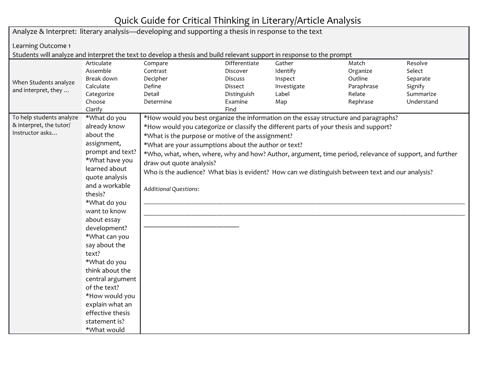 Quick Guide for Critical Thinking in Literary/Article Analysis