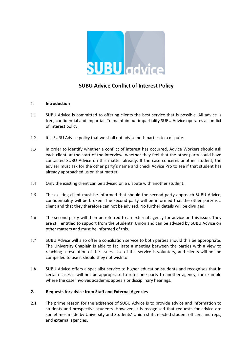 SUBU Advice Conflict of Interest Policy