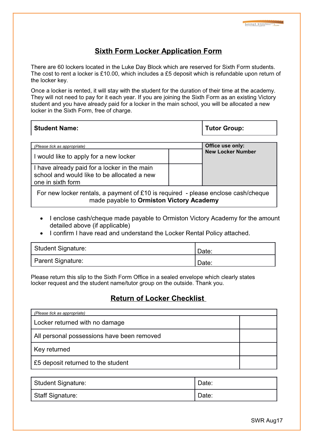 Sixth Form Locker Application Form