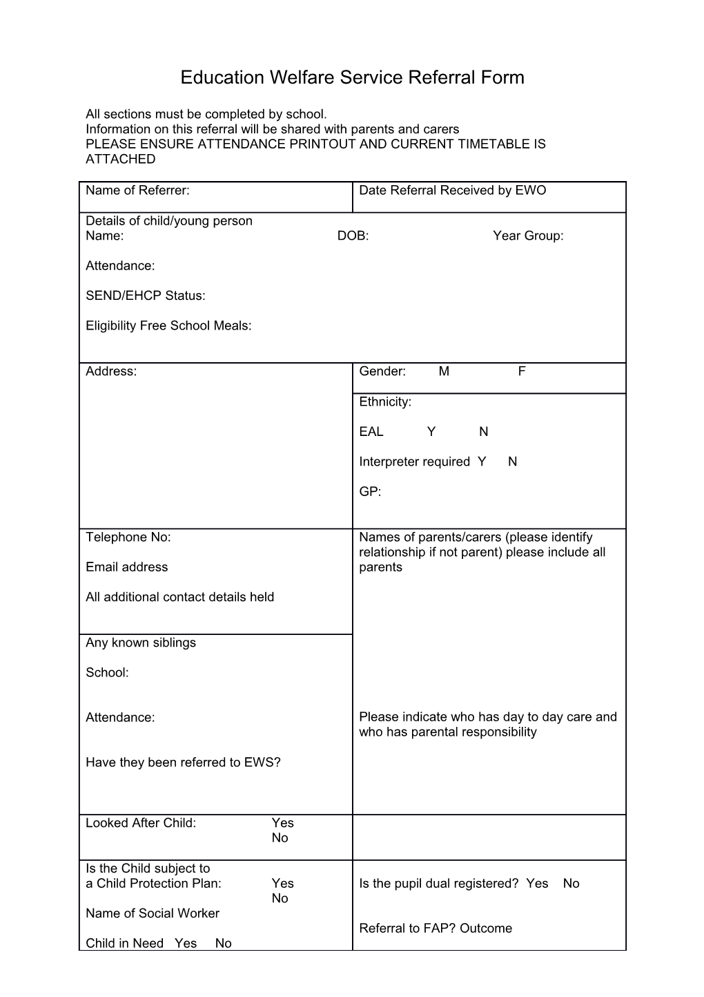 Education Welfare Service Referral Form