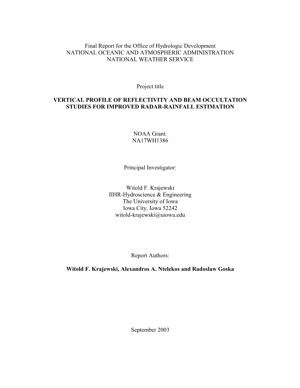 Final Report for the Office of Hydrologic Development