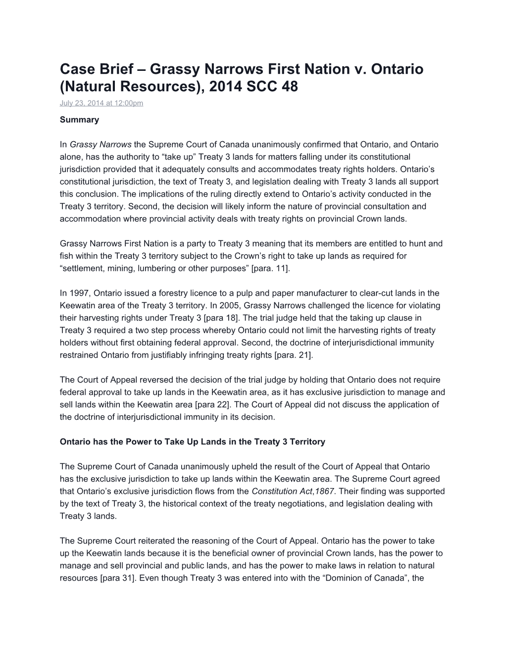 Case Brief Grassy Narrows First Nation V. Ontario (Natural Resources), 2014 SCC 48