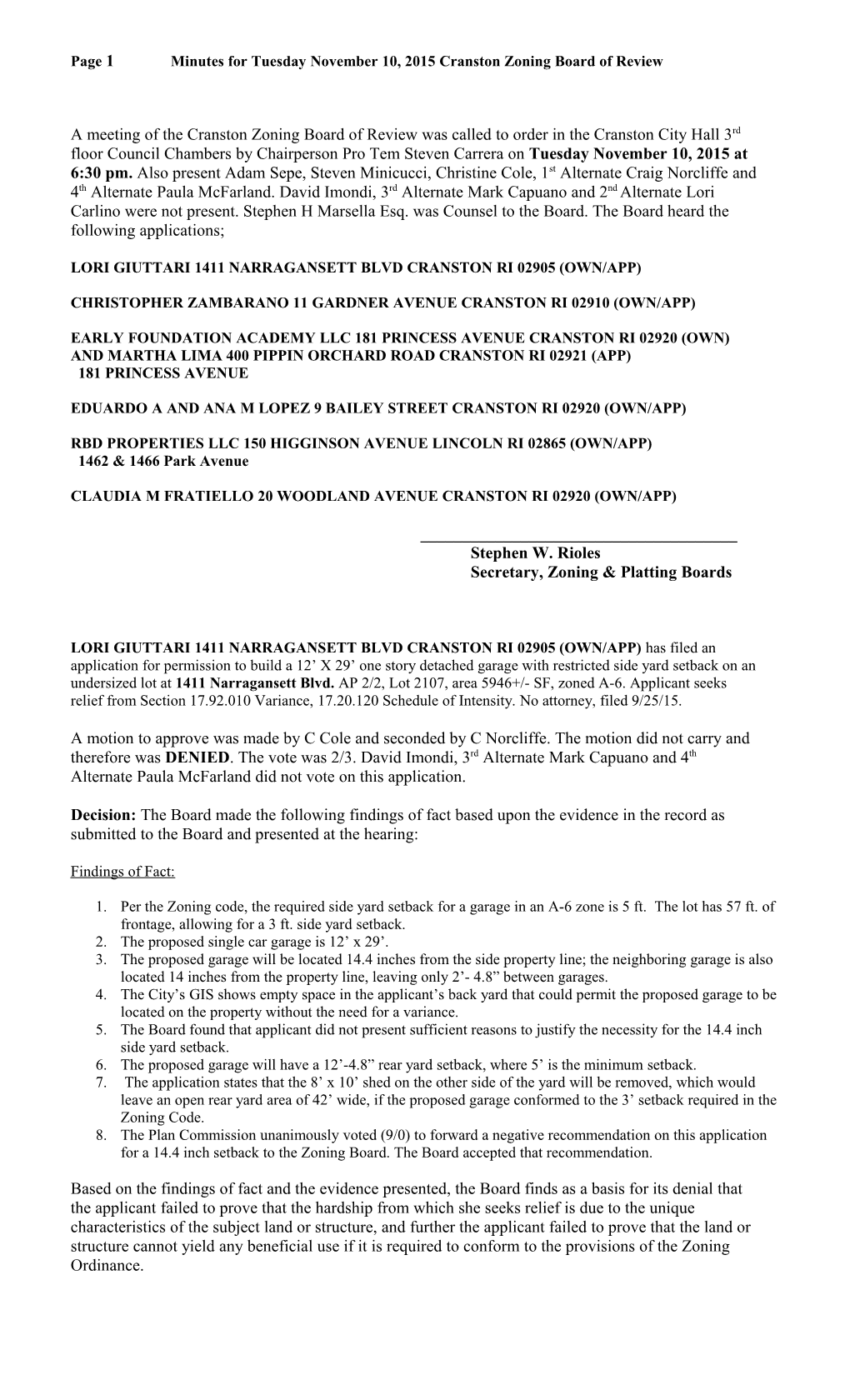 Page 1Minutes for Tuesdaynovember 10, 2015Cranston Zoning Board of Review