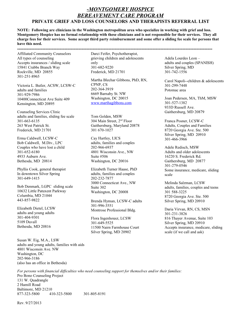 Grief and Loss Counselors and Therapists Referral List