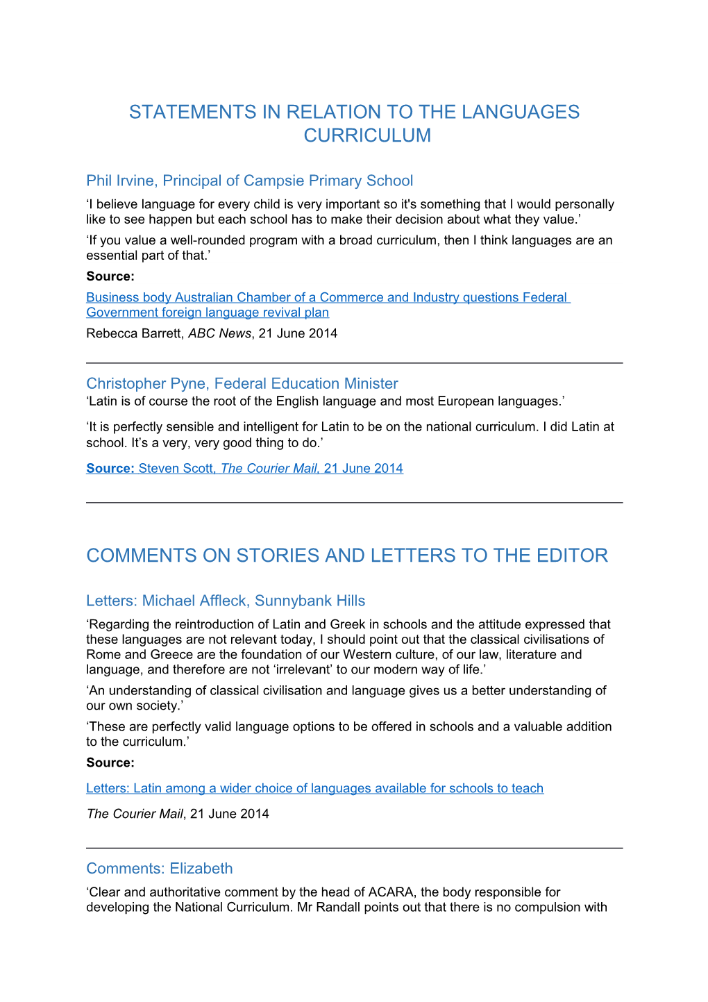 Statements in Relation to the Languages Curriculum