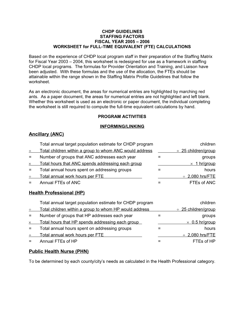 Worksheet for Full-Time Equivalent (FTE) Calculations