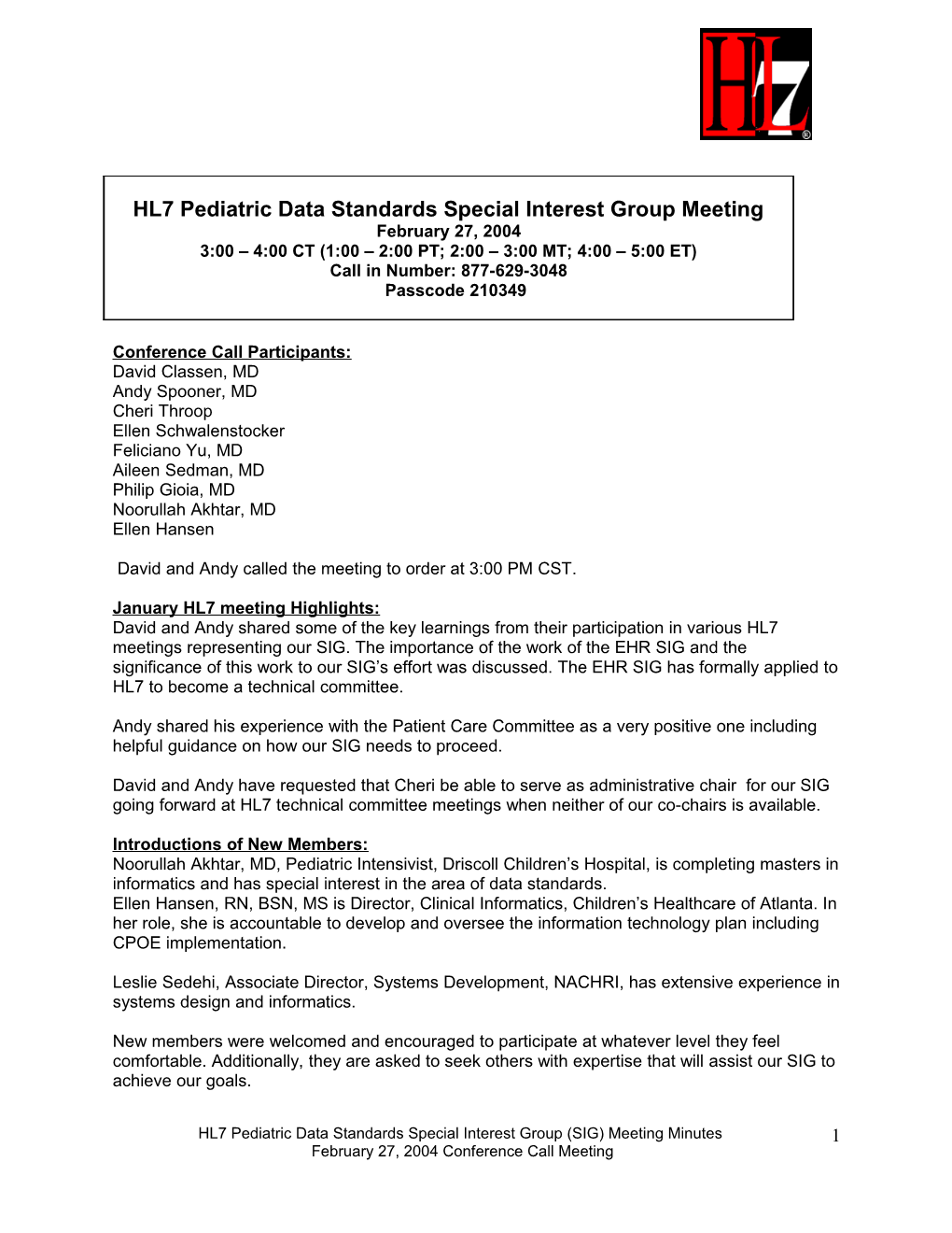 HL7 Pediatric Data Standards Special Interest Group Meeting